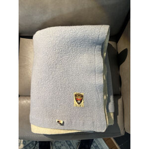 Vintage Toison D’or Laine Wool Blanket Blue Cream 60s 70s Large 70” X 54”